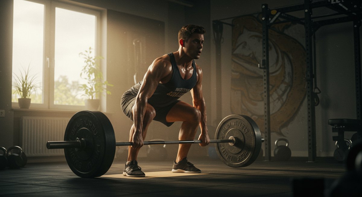 Person doing deadlifts in home gym with natural lighting