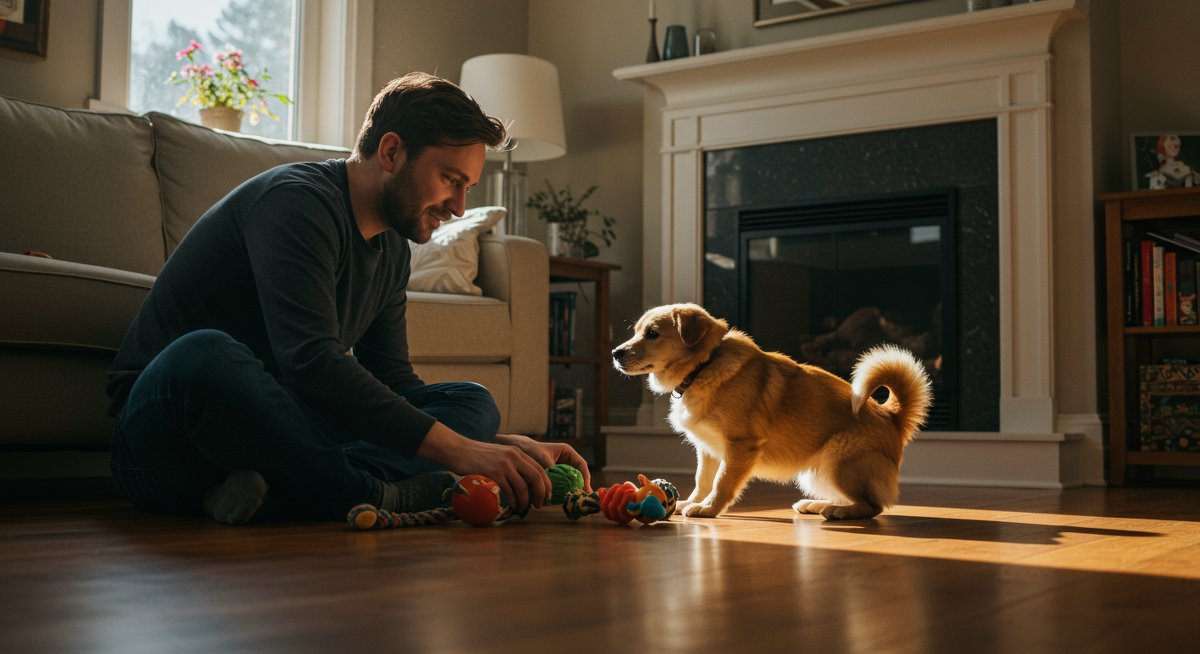 Budget-friendly dog toys in action: man and dog playing with rubber toys in a cozy living room