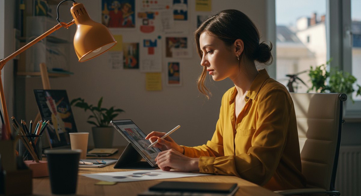 Adult learner developing creative skills through digital art practice in a professional workspace