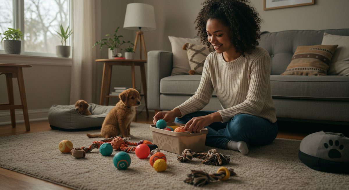 New puppy owner preparing essential supplies in a cozy living room with toys, bed, and healthy food items