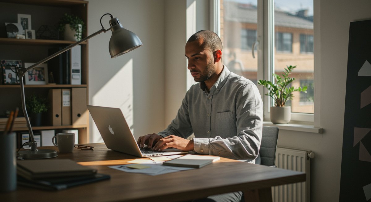 Minimalist finances 2025: A man in a clean, organized workspace focuses on financial planning with a laptop, notepad, and coffee, symbolizing debt-free living and intentional budgeting.
