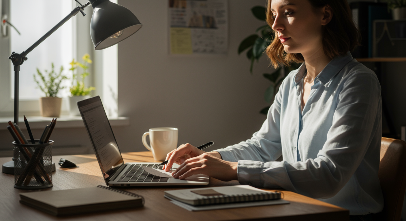 Experienced budgeter organizing finances with variable income using a laptop and financial documents in a home office setting. Focus on expense tracking, money management, and budgeting.
