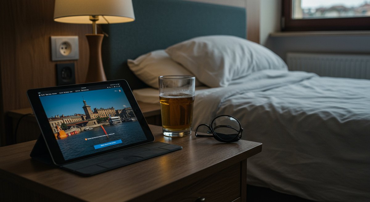Experienced traveller comparing hotel deals on tablet in modern hotel room with natural daylight