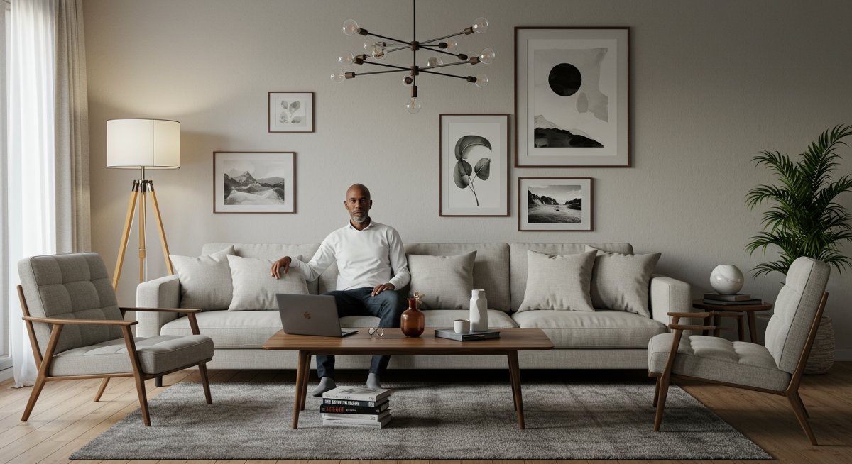 Minimalist home design illustration of a modern living room with clean decor, natural lighting, and curated art pieces
