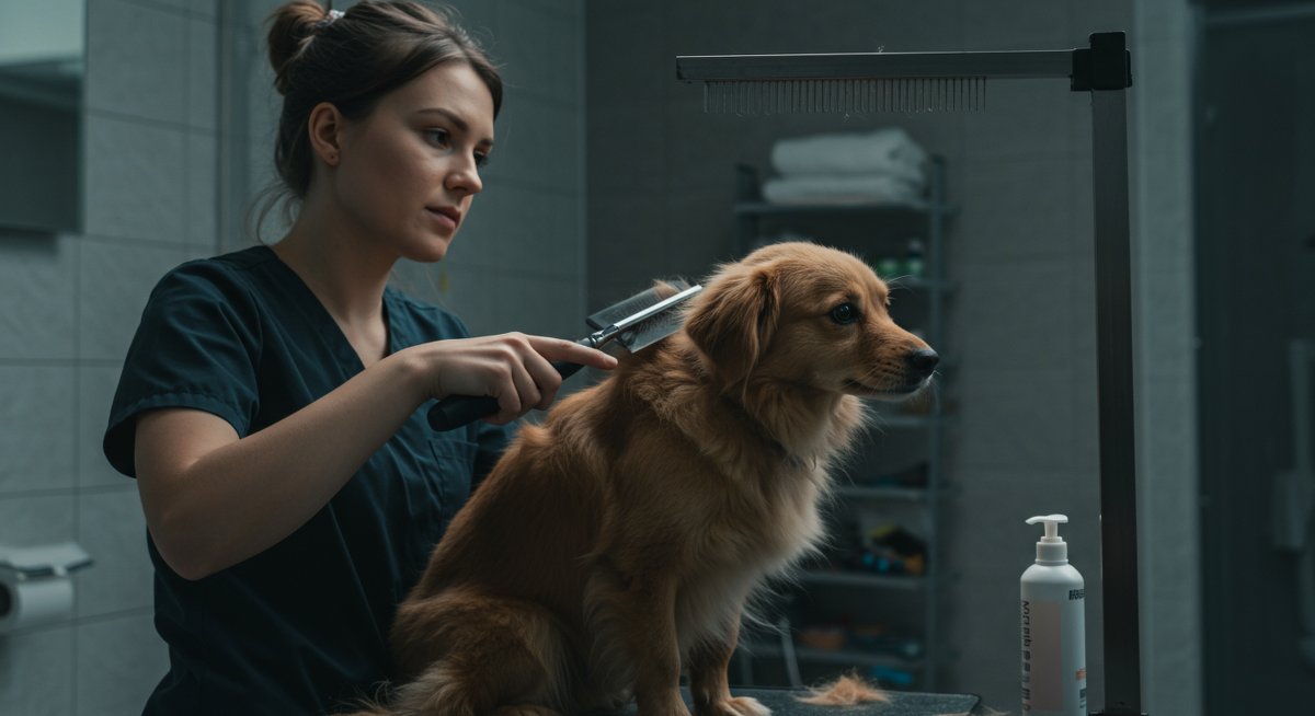 Experienced pet parent using professional grooming tools to reduce dog shedding in a clean bathroom environment