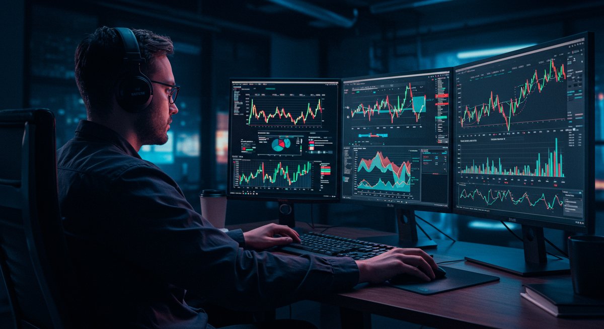 Crypto trader monitoring international markets and tax implications on advanced dashboard
