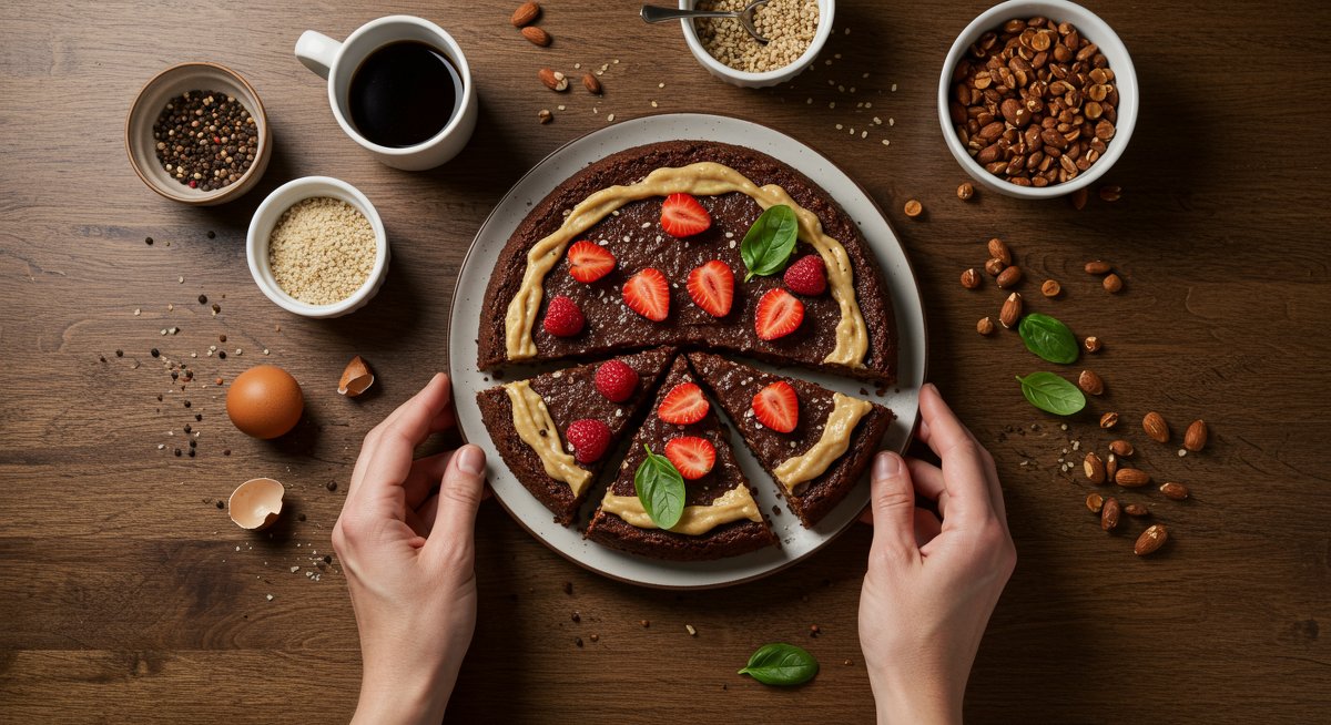 Vegan baking illustration showing dairy-free chocolate cake with almond butter glaze, modern kitchen setting
