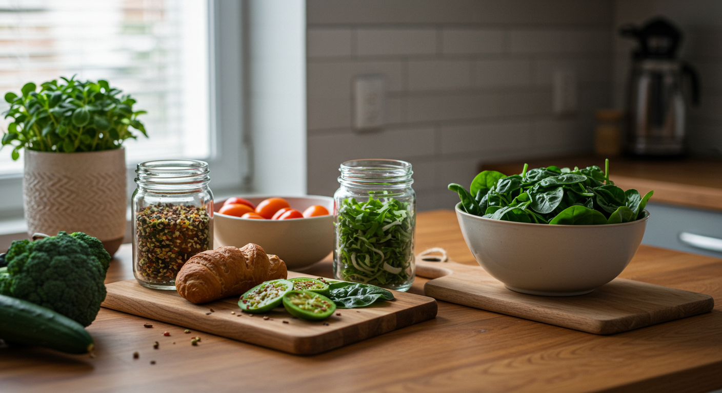 A modern kitchen with plant-based ingredients and a person reviewing a cruelty-free product, showcasing sustainable vegan living.