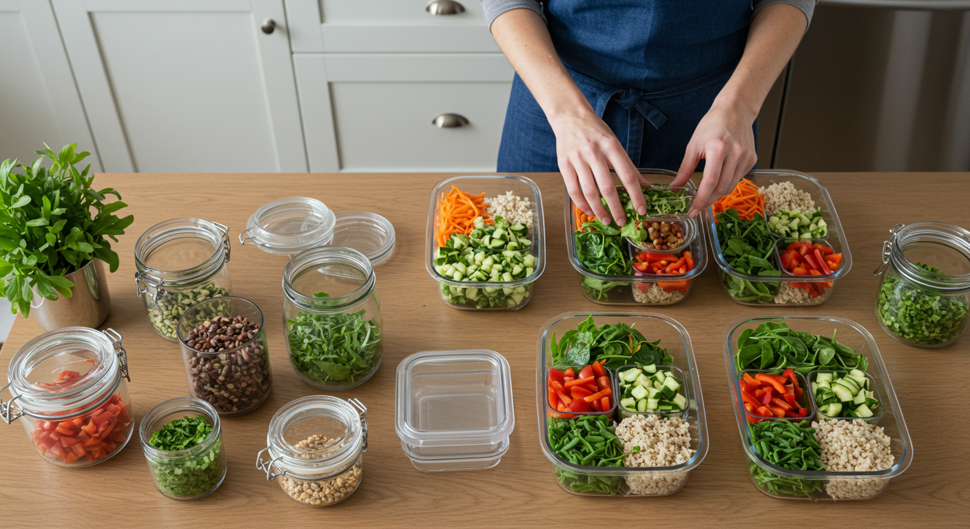 Overhead shot of vegan meal prep containers on a kitchen island, with a busy professional assembling a healthy lunch.