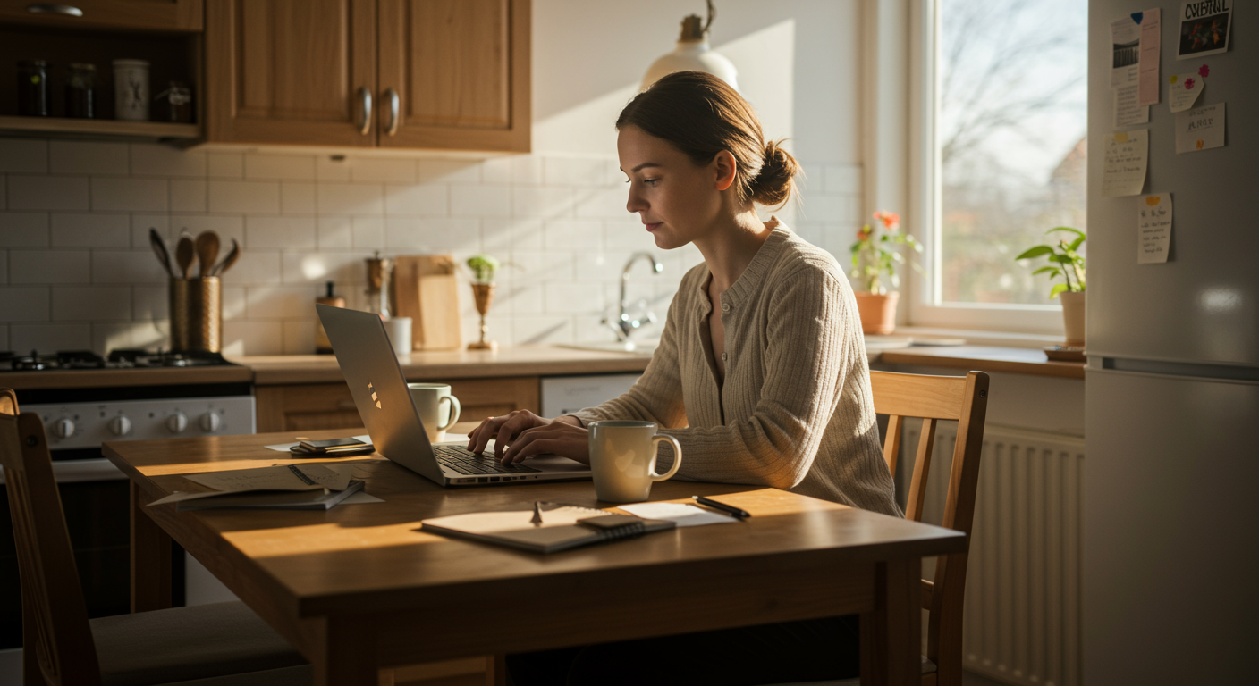Minimalist kitchen decluttering planning session. A person at a kitchen table with a laptop and coffee, surrounded by minimal items, facing decluttering challenges, captured in natural morning light. The scene conveys an authentic minimalist lifestyle, focused on efficiency and simplicity.