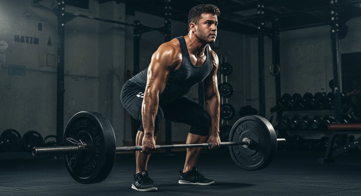 Athlete doing deadlifts in commercial gym with intense focus