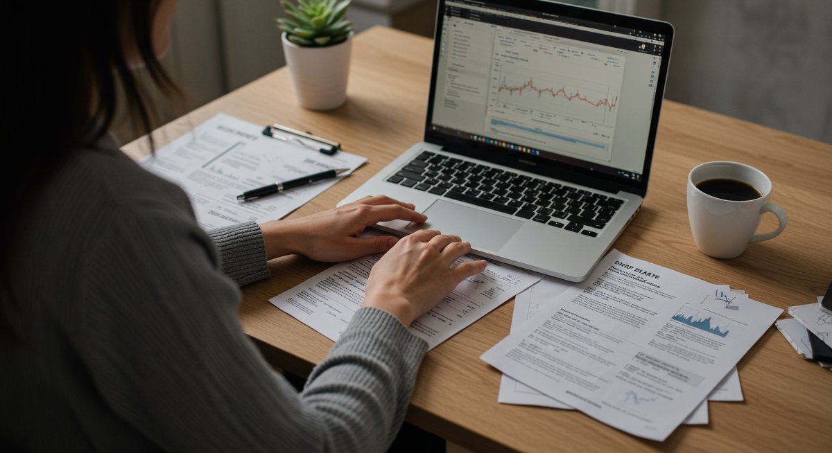 Digital nomad healthcare guide illustration showing woman reviewing travel insurance documents on laptop in minimalist workspace