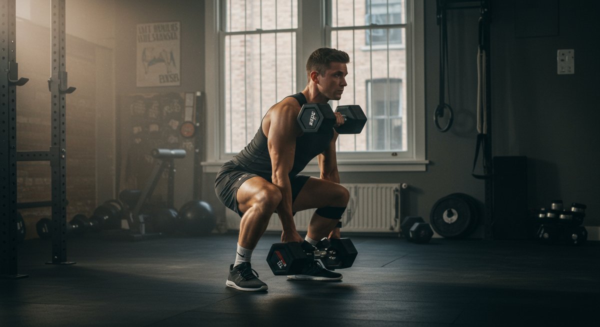 Person doing squats with dumbbells in evolving home gym setup