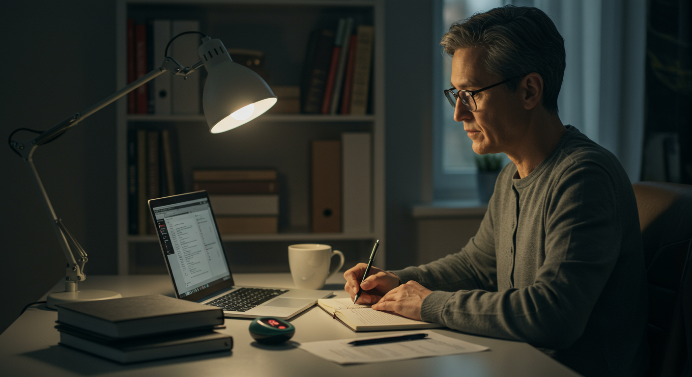 An adult learner overcoming procrastination by using a Pomodoro timer and taking notes, surrounded by a clean desk and supportive learning materials.