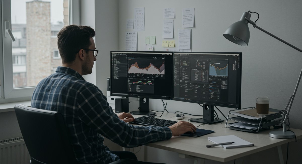 Confident male professional delegating tasks during virtual meeting in modern home office with project management software, clean workspace, and professional color scheme