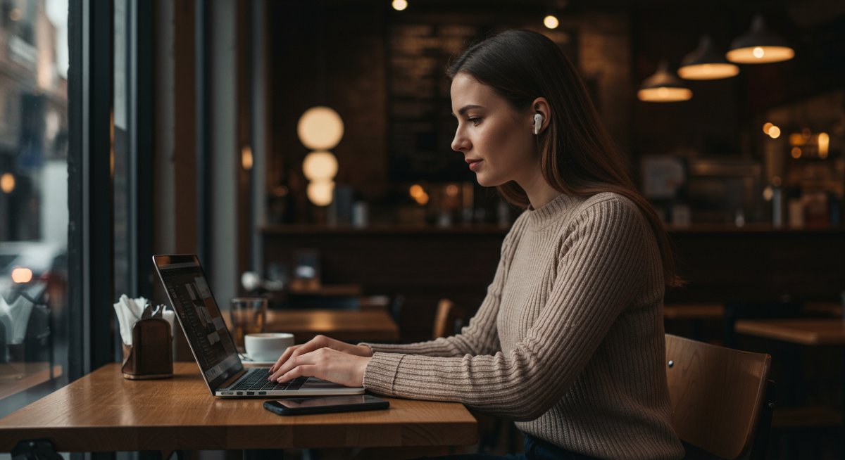 Digital nomad cybersecurity illustration showing secure remote work practices withVPN, password manager, and biometric security features