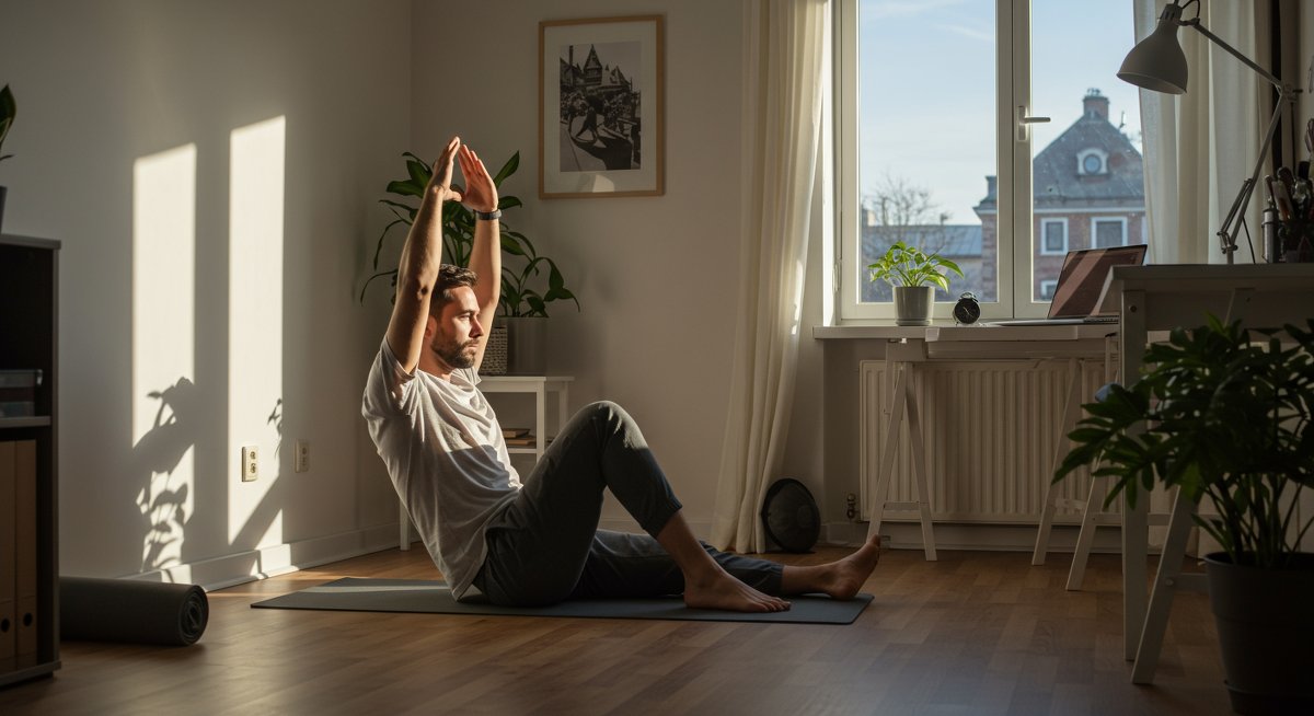 Desk worker doing yoga at home to relieve sitting pain