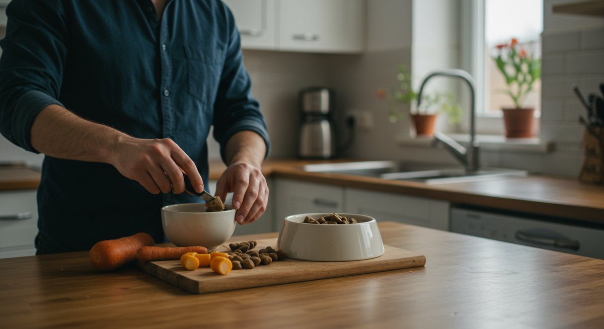 Healthy homemade dog food preparation with fresh ingredients and ceramic bowl - dog diet guide