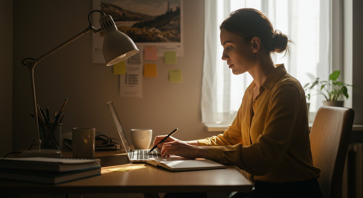 Minimalist finances illustration: woman in modern home office budgeting with laptop and notebook under natural light