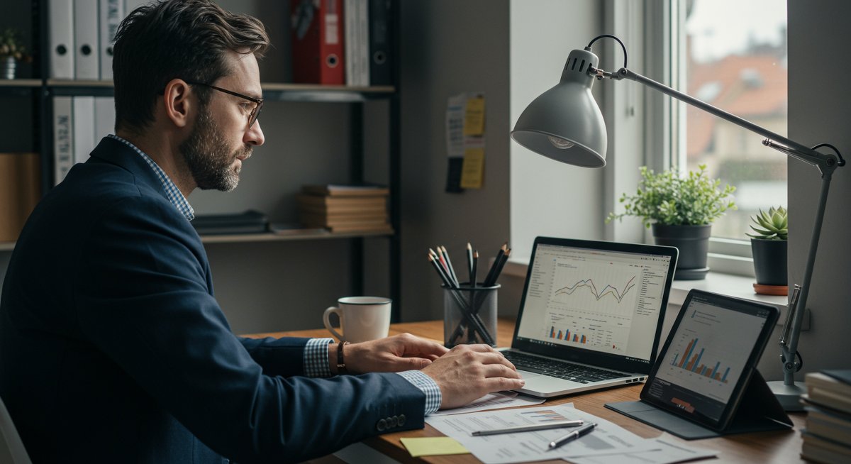 Experienced minimalist man in clean home office setting focused on financial planning with laptop and tablet, showcasing debt-free living through intentional budgeting