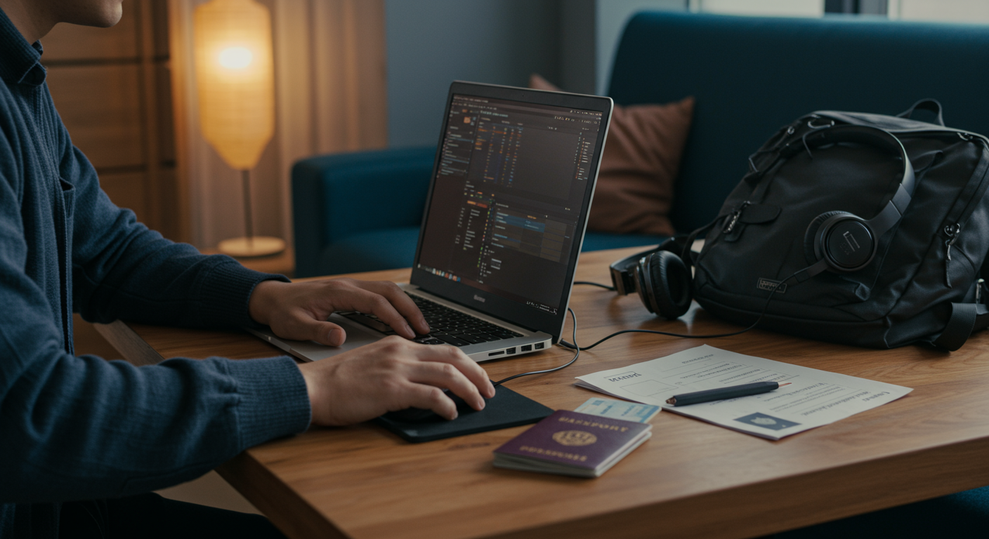 Experienced digital nomad reviewing their remote work setup in a modern co-working space, emphasizing productivity and security.