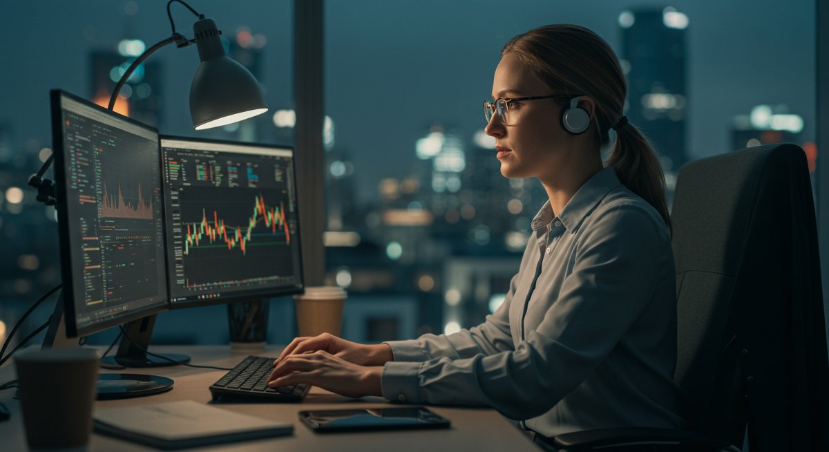 Experienced crypto trader analyzing swap rates on professional setup with modern workspace environment