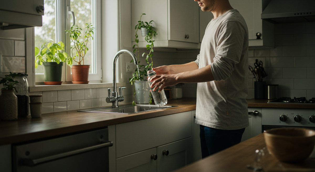 Water conservation at home: Reusable water bottle refilled from fountain in modern kitchen with natural light and greenery