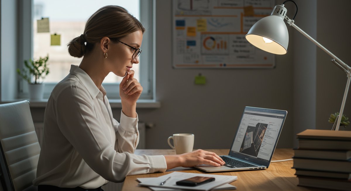Adult learner mastering new skills in professional workspace with modern study setup