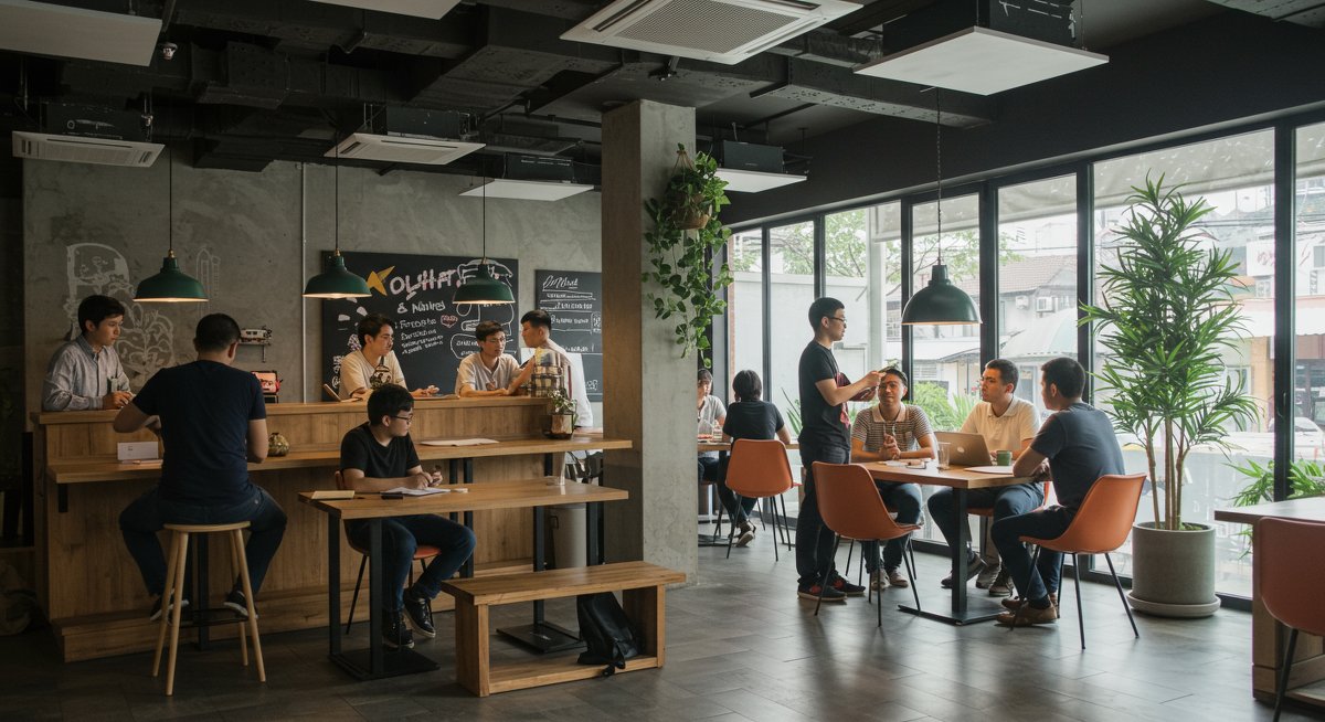 Digital nomads in a co-living space networking and collaborating in Southeast Asia