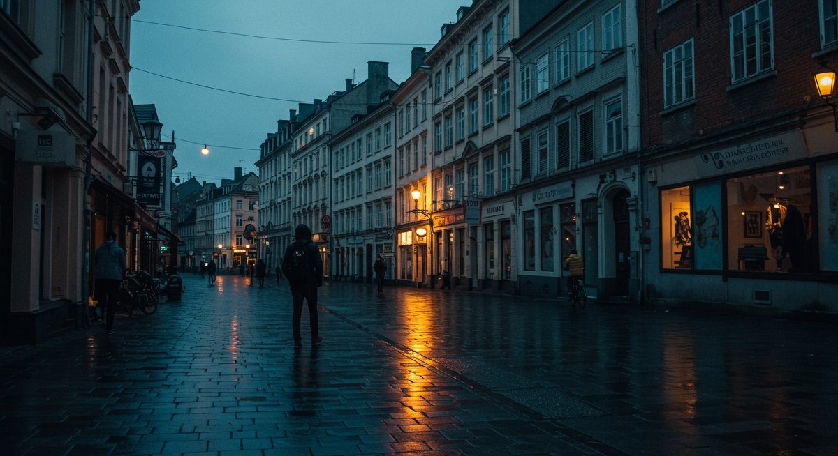 Digital nomad enjoying affordable travel in a budget hostel with laptop, reusable water bottle, and travel guide in a bustling city street scene