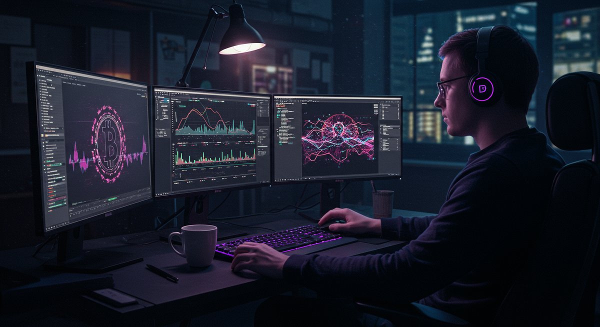 International crypto trader analyzing Bitcoin profit taking strategies with screen glow and coffee