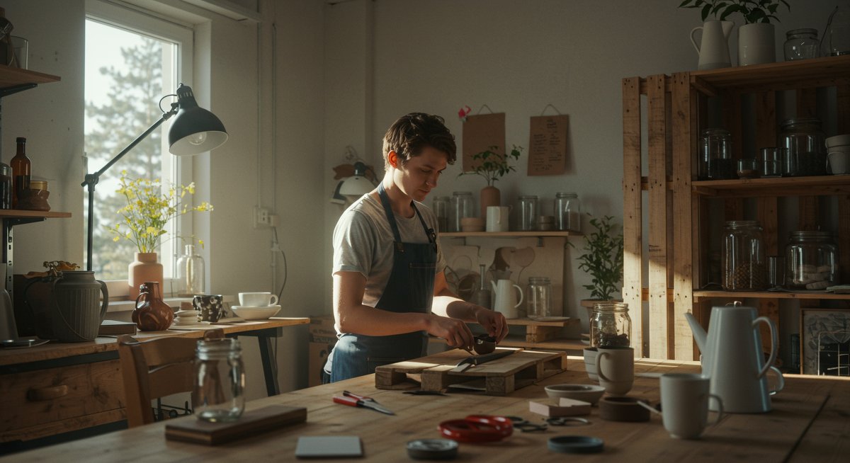 Professional illustration of upcycling projects transforming waste into home decor with natural lighting and earthy tones