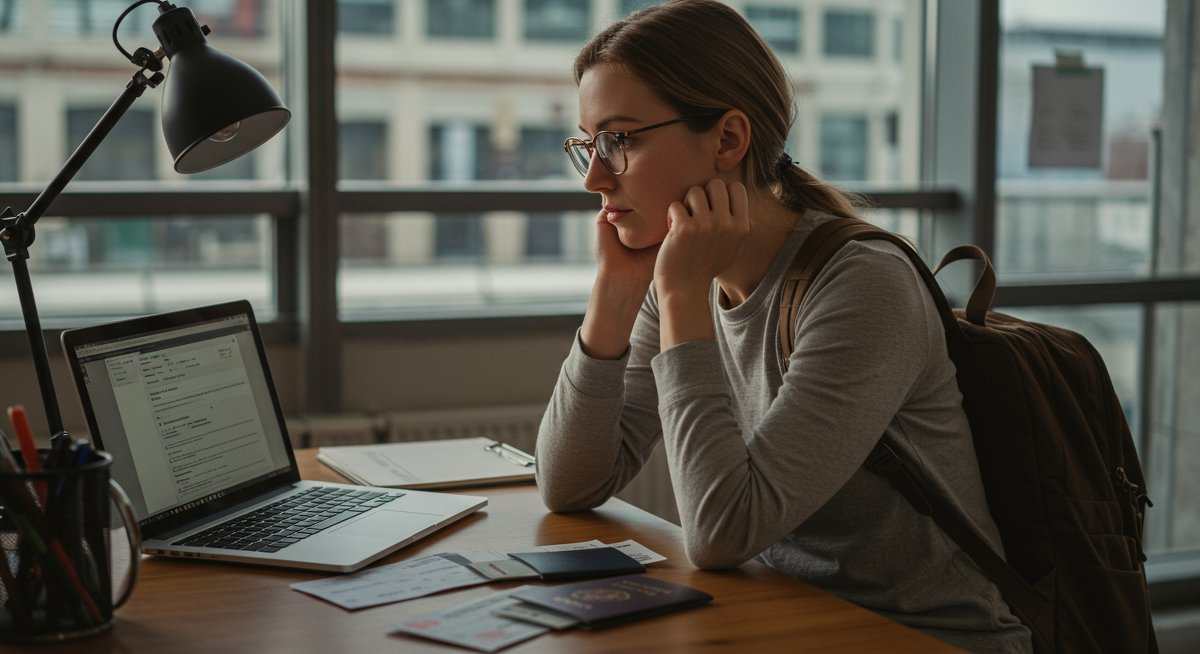 Woman traveler reviewing visa application on laptop while seated at a desk with travel documents