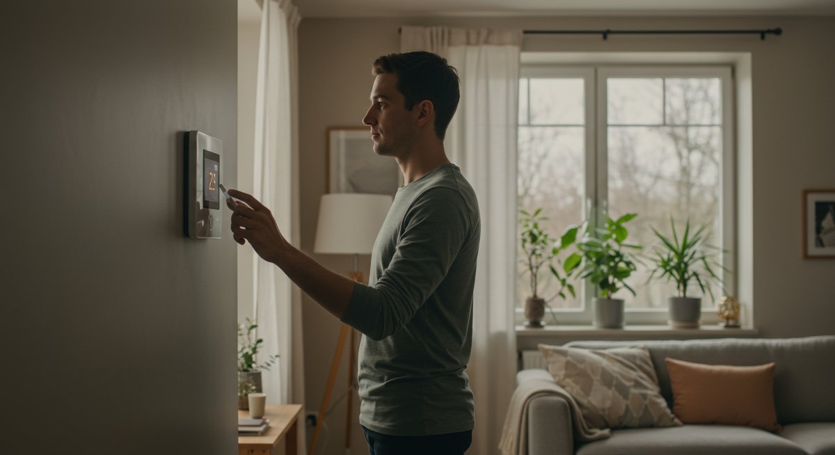 Energy-saving home hack: Using a smart thermostat for energy efficiency in a modern, eco-friendly living room with natural lighting and sustainable decor