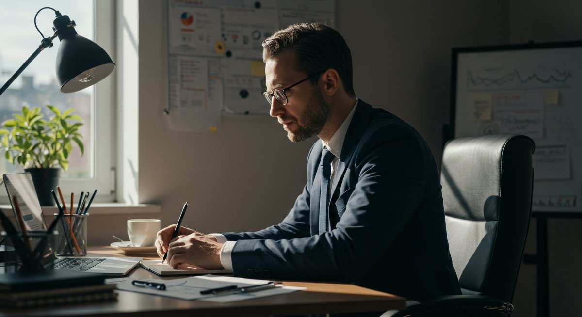 Minimalist finance illustration showing a man in a clean workspace focused on debt-free planning