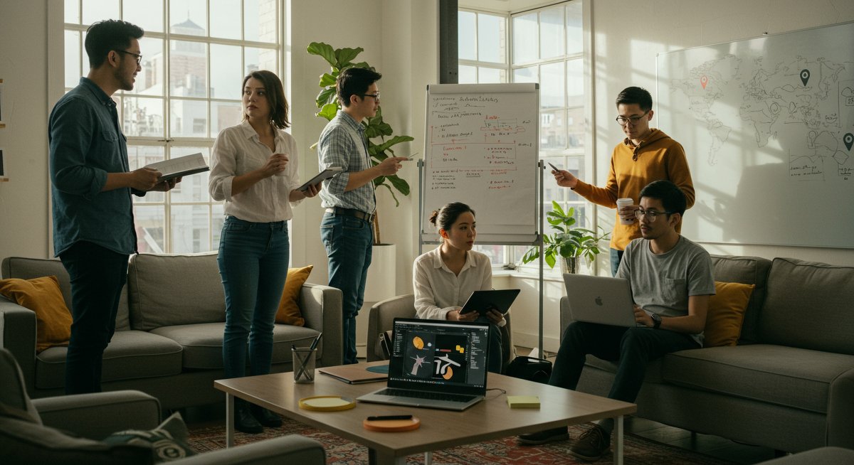 Digital nomads in a modern co-living space collaborating on a shared project, showcasing community and shared resources for remote workers