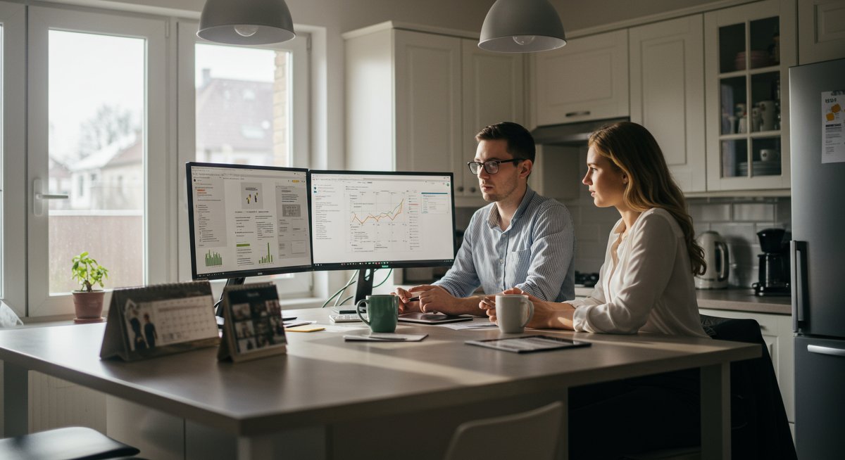 Couple engaged in joint budgeting with technology and organized documents in modern kitchen setting