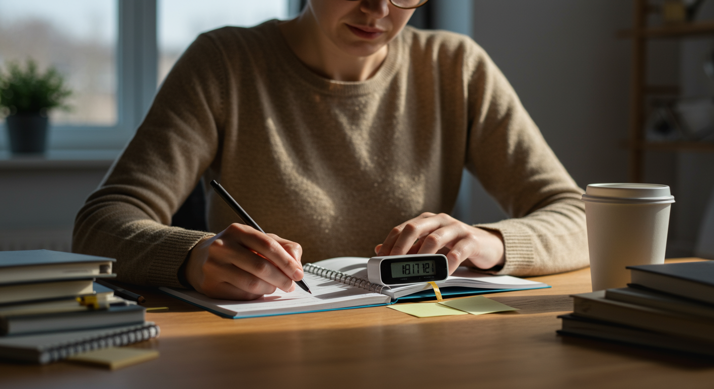 Adult-learner using the Pomodoro Technique to beat procrastination while studying.