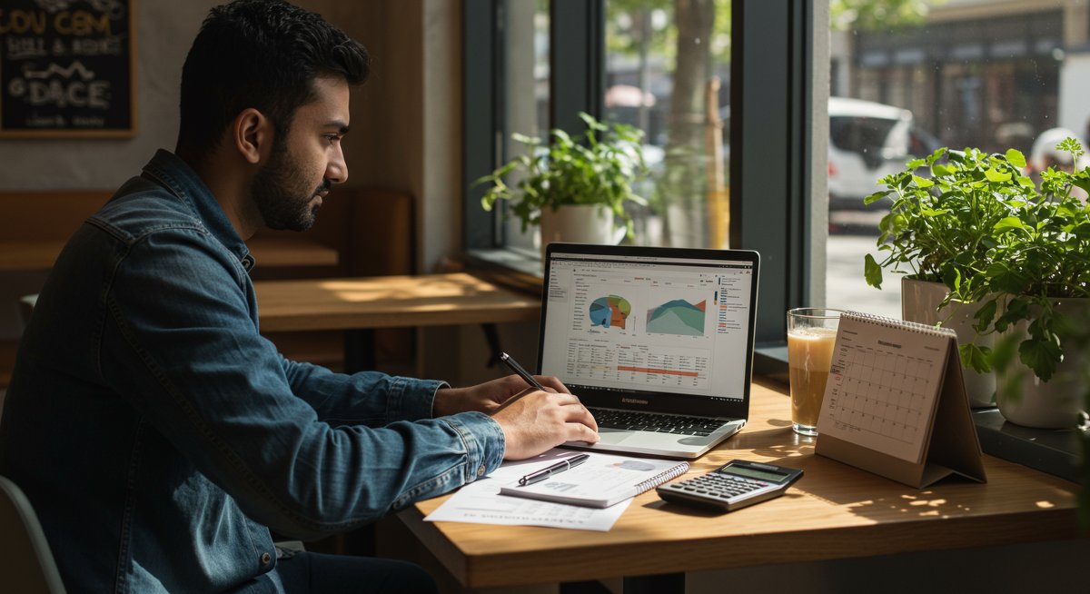 Digital nomad budgeting: Man working on financial spreadsheet in café with notebook and calculator, emphasizing nomad finances and cost of living management