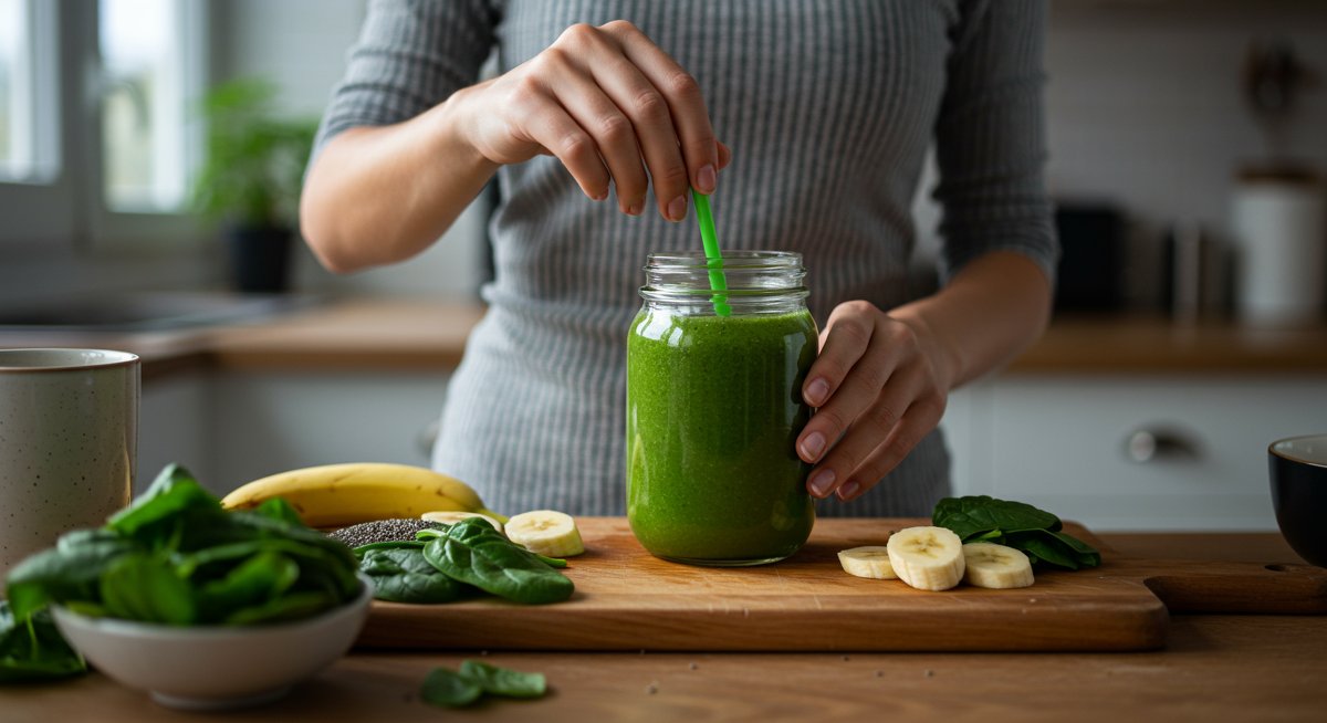 Vegan breakfast smoothie preparation in modern kitchen with fresh ingredients
