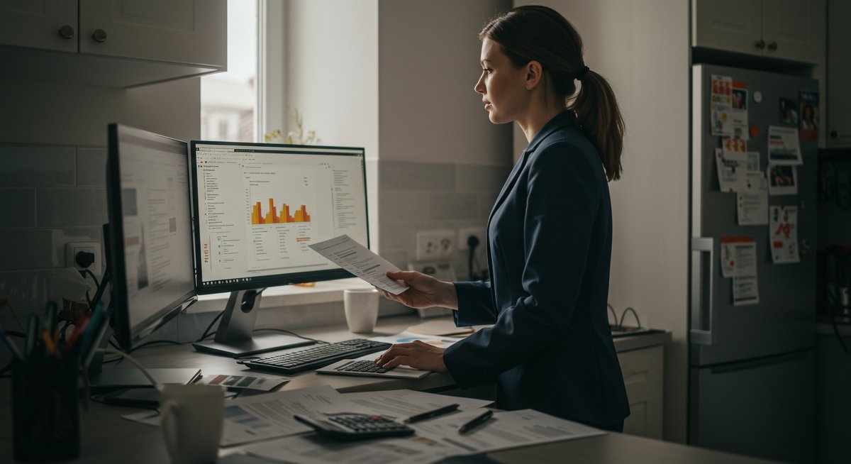 Experienced budgeter managing finances in modern kitchen with budgeting tools and organized documents