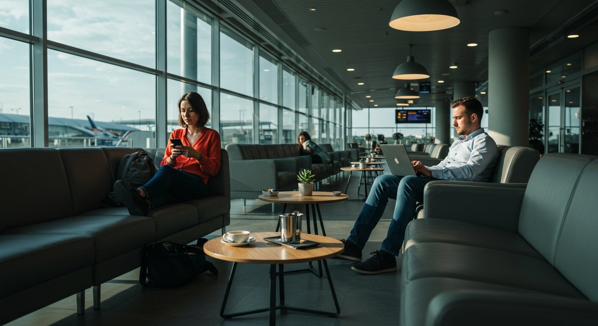 Experienced travellers relax in premium airport lounge with professional work setup and modern amenities