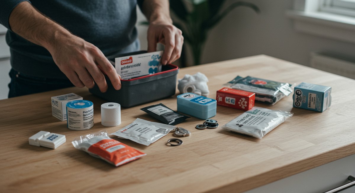 Pet first aid kit checklist essentials: bandages, antiseptic wipes, tweezers, pet first aid manual, and ID tag holder organized in modern kitchen