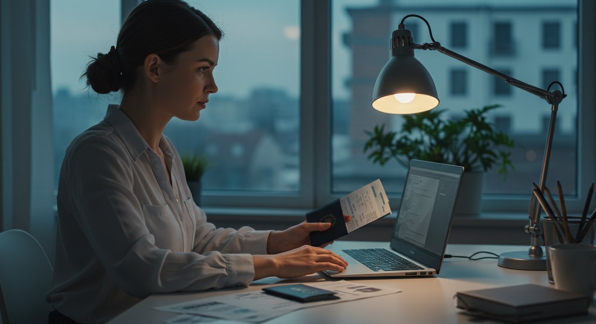 Digital nomad visa research - woman working on visa documents in modern co-working space