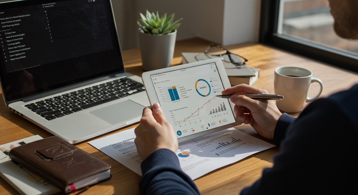 Experienced traveler managing 2025 vacation budget with digital tools and planning documents