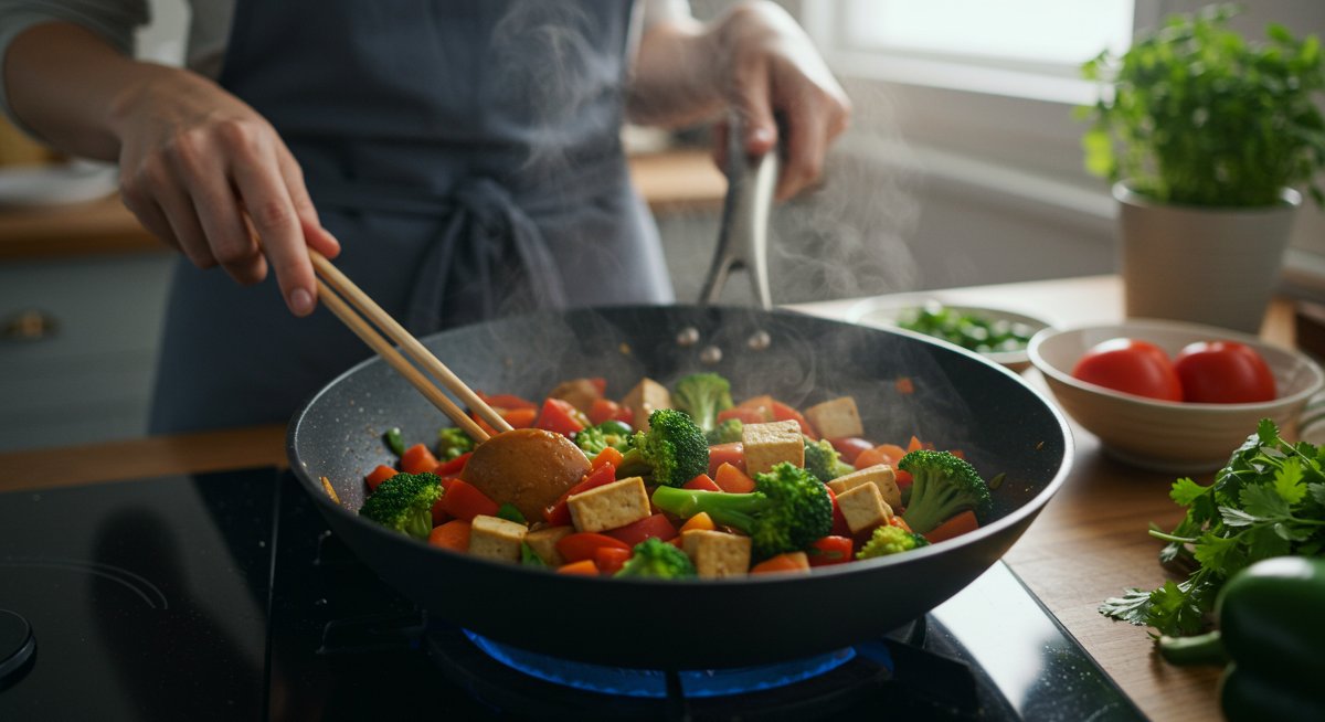Quick vegan dinner recipe featuring tofu and vegetables in stir-fry, modern kitchen setting with fresh herbs, perfect for busy weeknights