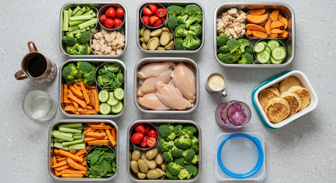 Overhead shot of colorful meal prep containers filled with healthy lunches, organized on a kitchen counter, ready for air fryer cooking.