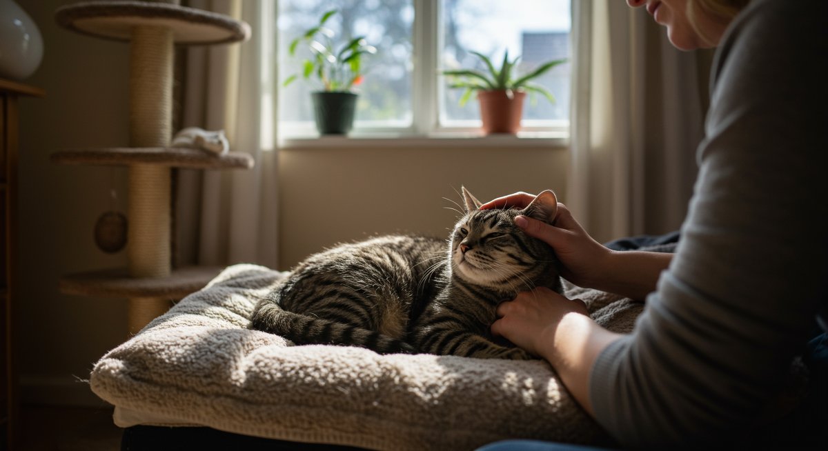 Woman gently petting a relaxed cat in a cozy, sunlit room, illustrating stress reduction techniques for cats.