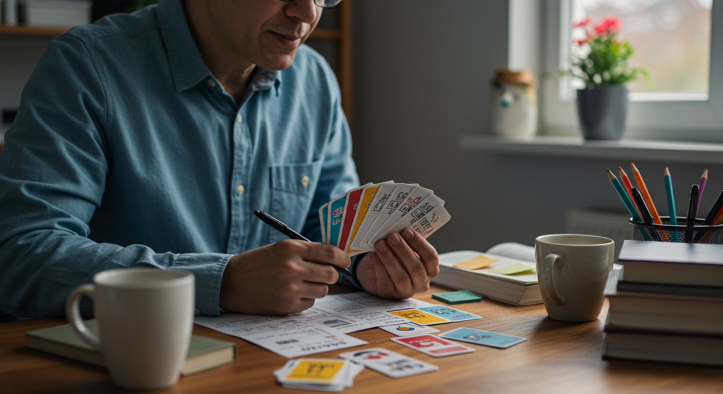 An adult learner using flashcards for spaced repetition, demonstrating effective learning and memory techniques.