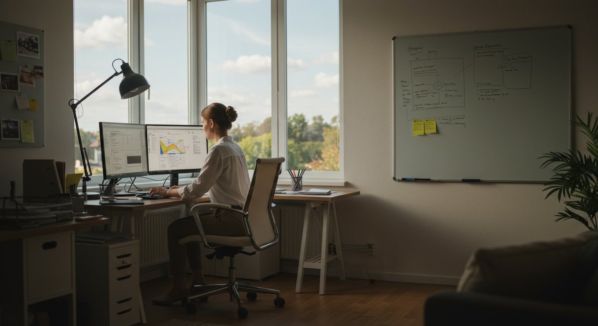 Professional workspace optimization illustration showing a woman organizing digital files with dual monitors and a whiteboard layout diagram in a minimalist home office